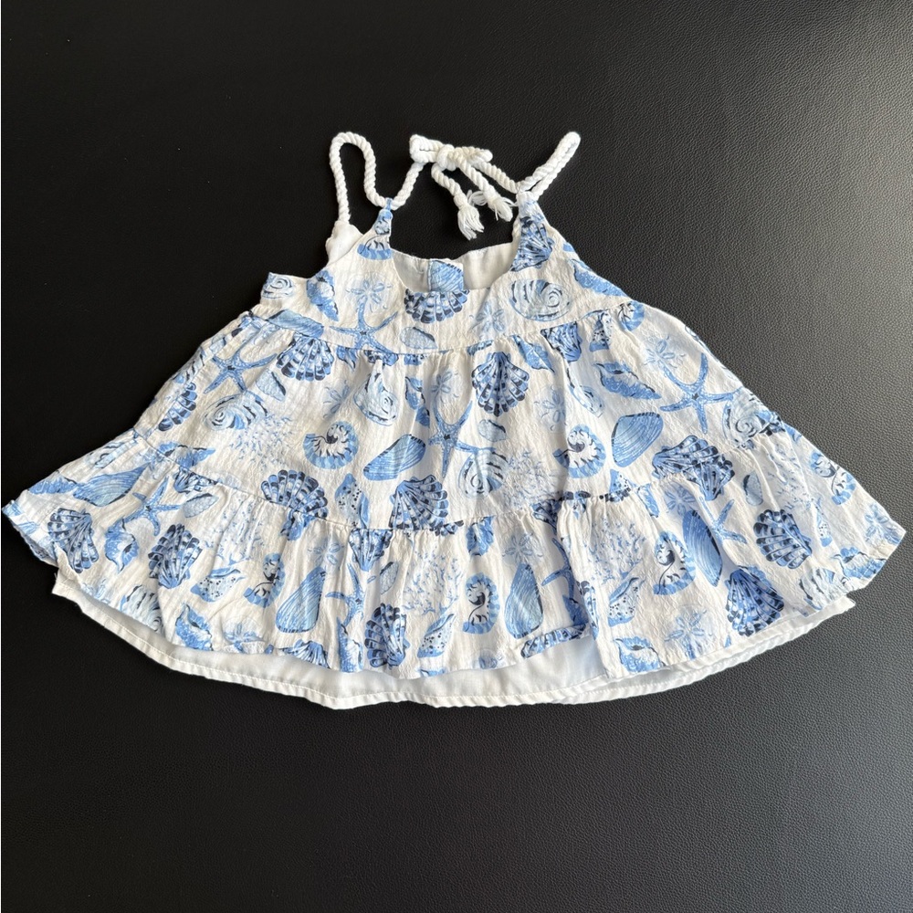 Calypso St. Barth Blue and White Seashell Girl’s Tiered Dress Lined Wood Buttons - Picture 2 of 3
